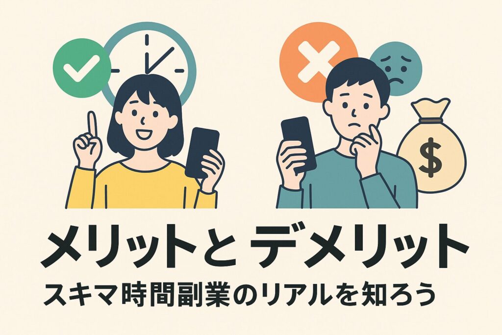 スマホを持つ男女がメリットとデメリットを考えているイラスト。プラス記号とマイナス記号、グラフ、時計、コインなどの要素も配置。