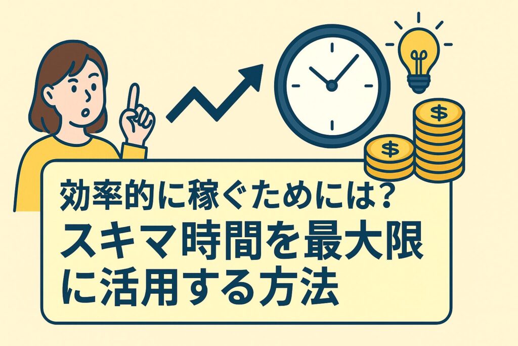 「時計とコイン、電球、上向きの矢印とともに、指を立てる女性が描かれたイラスト。“効率的に稼ぐためには？”という問いと回答が表示されている。