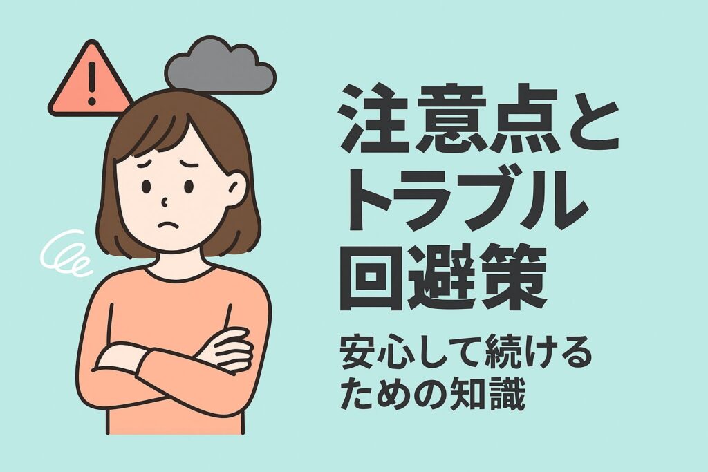 心配そうに腕を組んでいる女性と、警告マークや暗い雲が描かれたイラスト。“注意点とトラブル回避策”という見出しも添えられている。
