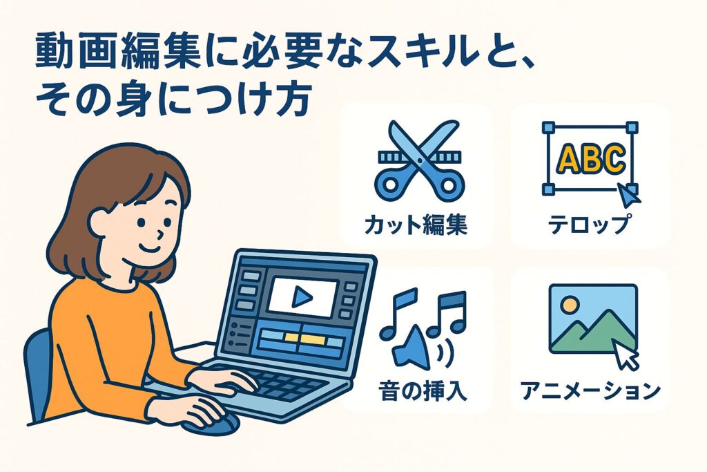 動画編集の基本スキル4つ（カット編集、テロップ、音の挿入、アニメーション）を示した学習イメージ。