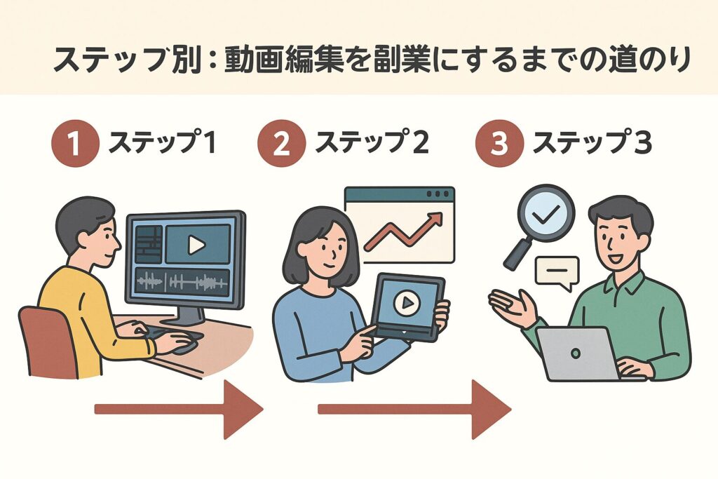 ステップ1で編集スキル習得、ステップ2で成果物を公開、ステップ3で案件探しを行う様子を描いた図解。