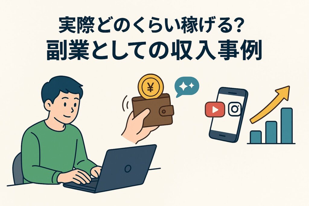 動画編集副業の収入イメージ。パソコン作業とSNS、報酬の受け取り、収入の成長を示すイラスト。