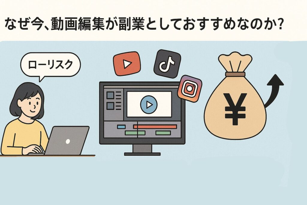 動画編集が副業におすすめな理由を示すイラスト。ローリスクで始められ、SNS需要が増加し、高収入も目指せる